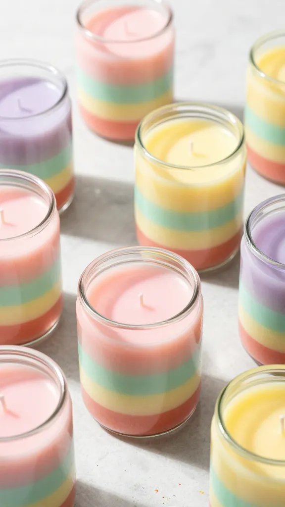 Layered Rainbow Candles in Glass Jars