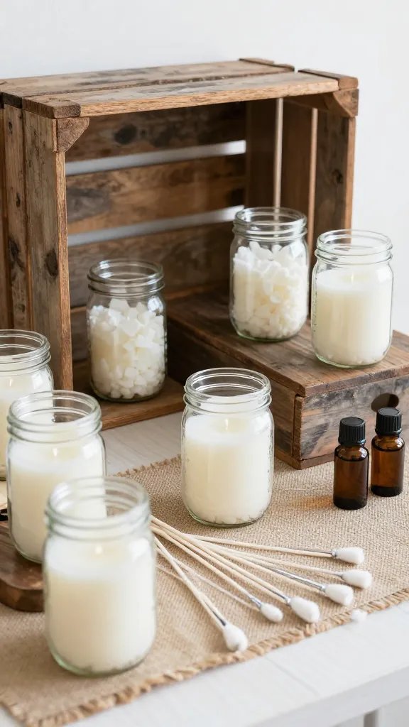 Rustic Farmhouse Candle Bar With Mason Jars and Vintage Crates