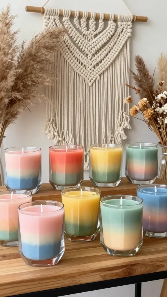 Boho Rainbow Candle Bar With Colorful Wax and Macramé Accents