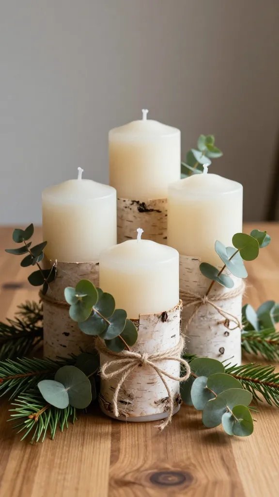 Birch Bark Wrapped Pillar Candles With Twine and Greenery