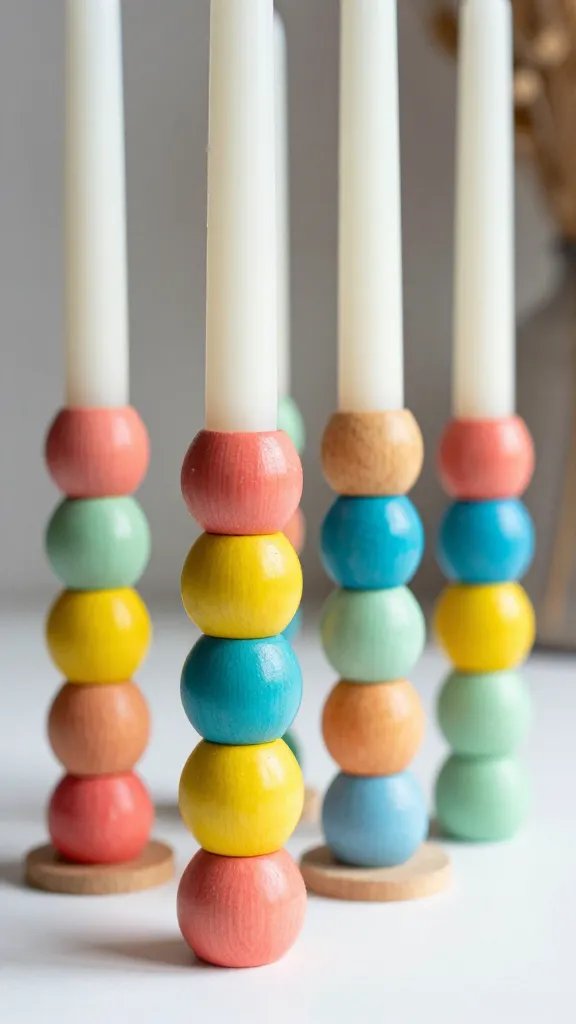 8 DIY Candle Sticks Ideas for a Cozy Glow 5 Colorful Wooden Bead Stack Candlesticks in Rainbow Hues
