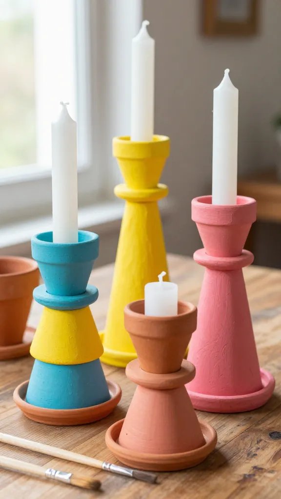 8 DIY Candle Sticks Ideas for a Cozy Glow 10 Painted Terra Cotta Pot Tower Candlesticks in Bold Colors