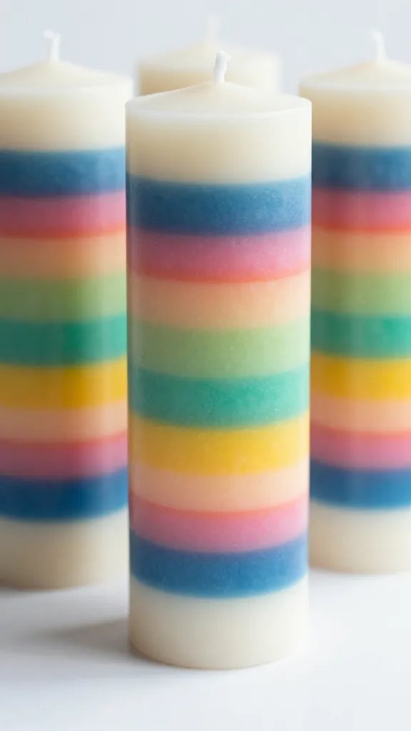 Candle Making for Beginners: 5 Easy DIY Ideas 4 Layered Rainbow Pillar Candles With Geometric Color Blocks