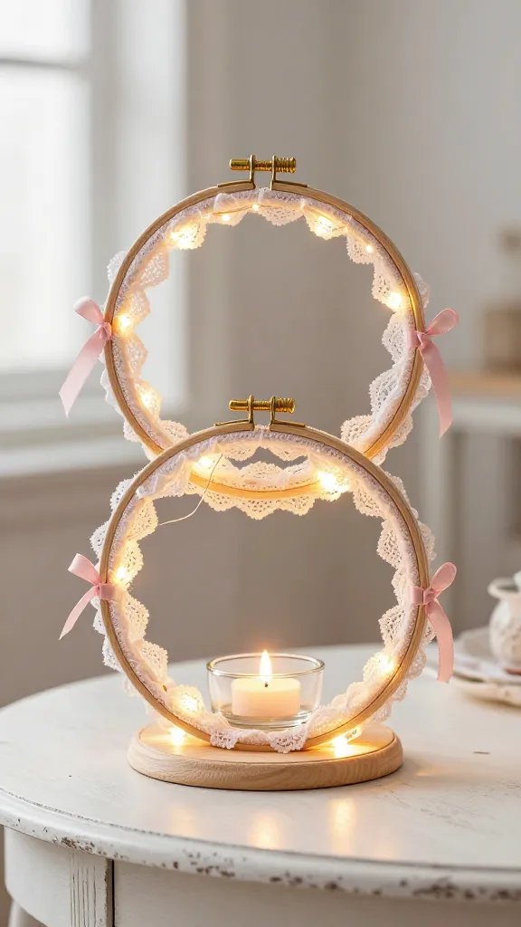 DIY Candle Warmer: 8 Ideas That Feel Warm & Aesthetic 8 Embroidered Hoop Candle Warmer With Fairy Light Ring