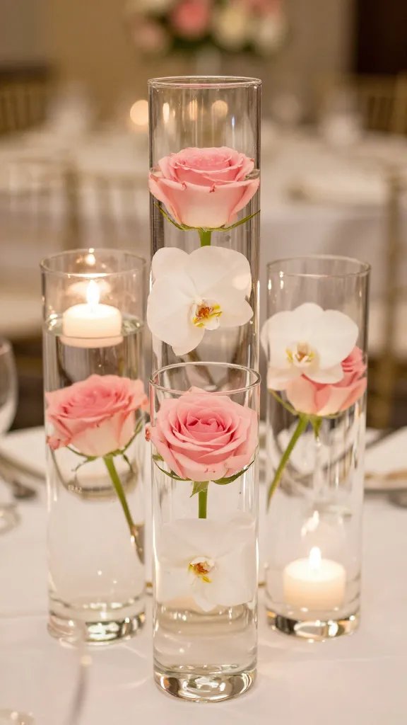 6 Candle Wedding Centerpiece Ideas That Shine 3 Floating Candles in Cylinder Vases With Submerged Flowers
