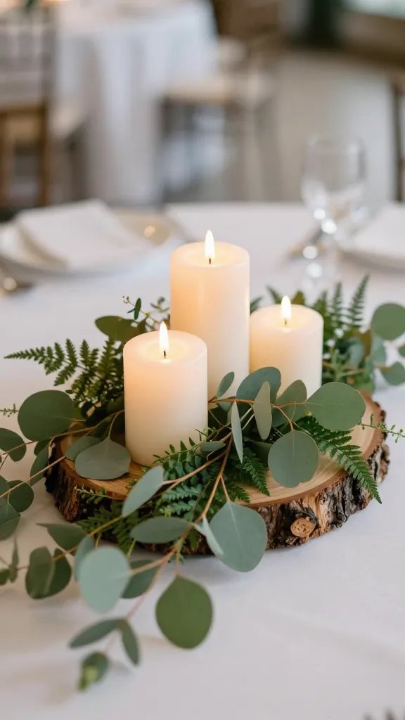 6 Candle Wedding Centerpiece Ideas That Shine 4 Rustic Wood Slab With Pillar Candles and Greenery Nest