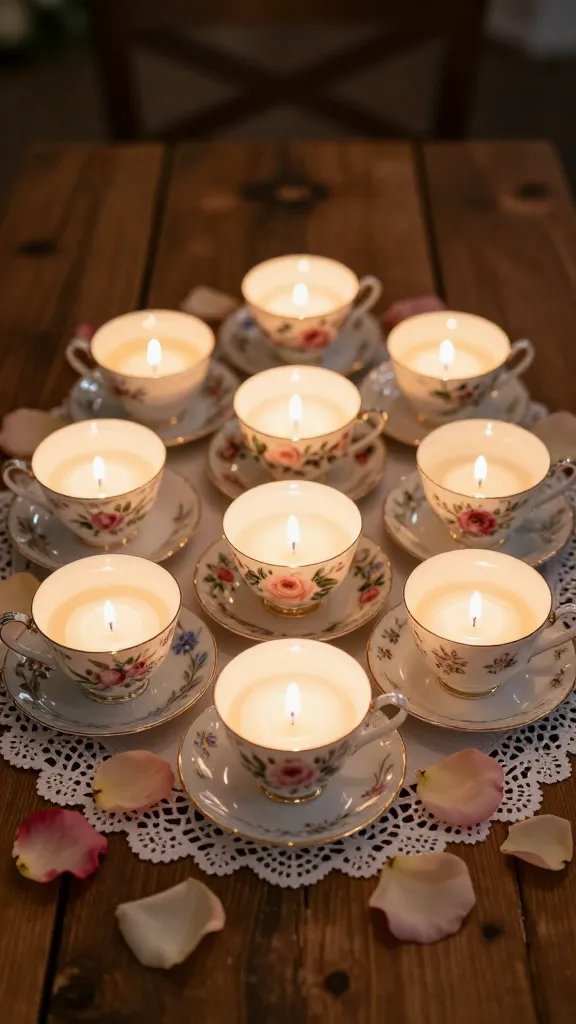6 Candle Wedding Centerpiece Ideas That Shine 5 Vintage Teacup Candle Collection on Lace Doily