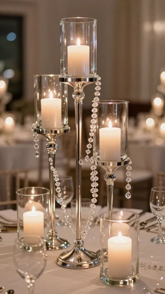 6 Candle Wedding Centerpiece Ideas That Shine 6 Mercury Glass Hurricane Lanterns With Cascading Crystals