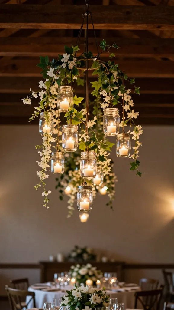 6 Candle Wedding Centerpiece Ideas That Shine 7 Mason Jar Candle Chandelier With Hanging Florals