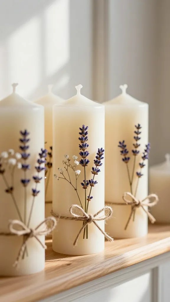 Candle Decoration Ideas to Brighten Any Space 3 Dried Flower Wrapped Pillar Candles With Natural Twine