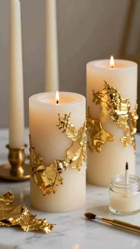 Candle Decoration Ideas to Brighten Any Space 4 Gold Leaf Accent Candles With Metallic Glamour