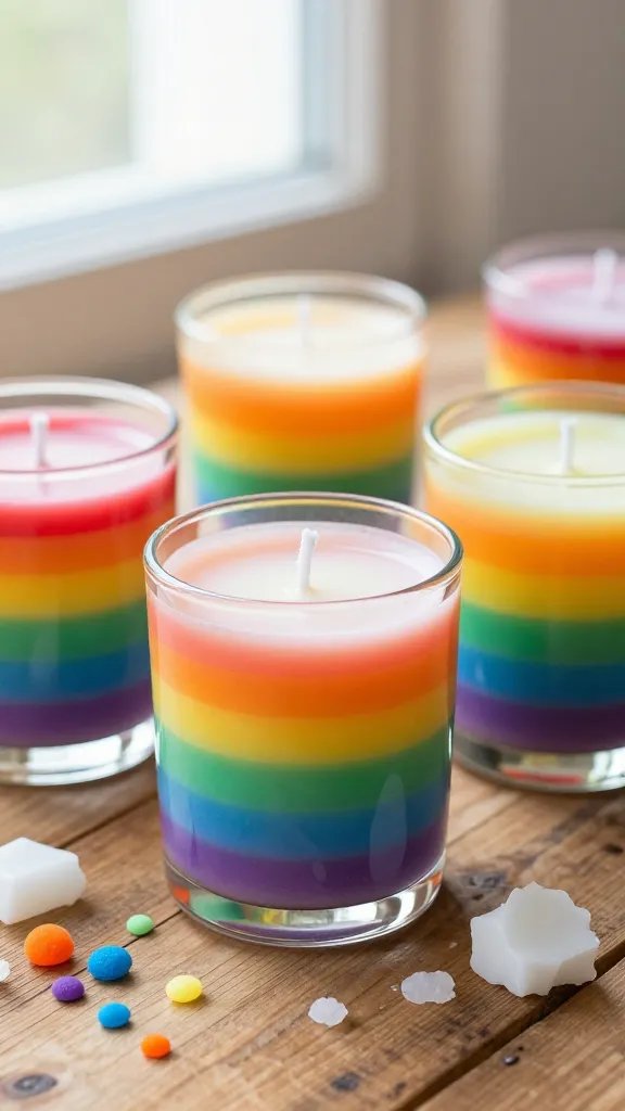8 Candle Art Ideas to Elevate Your Home Decor 7 Layered Rainbow Candles in Glass Jars