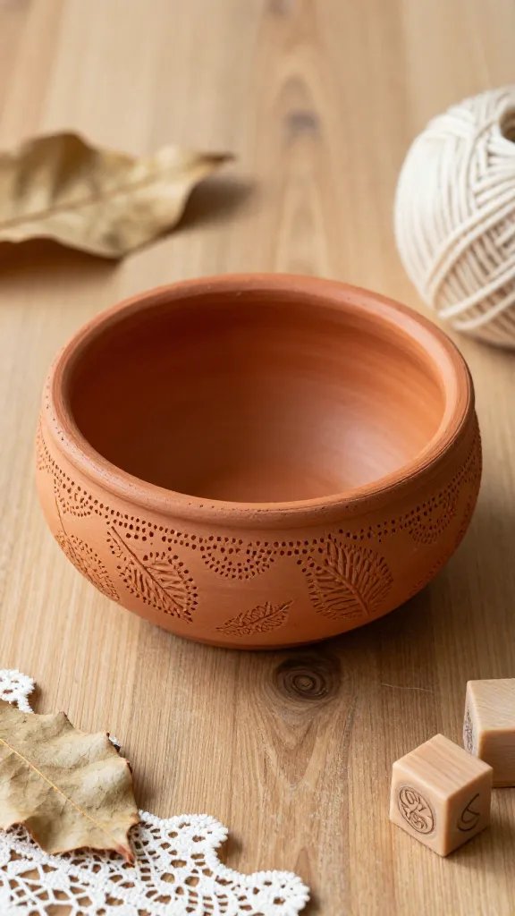 DIY Clay Yarn Bowl: 5 Ideas for Cozy Craft Spaces 3 Rustic Terracotta-Style Yarn Bowl With Stamped Patterns