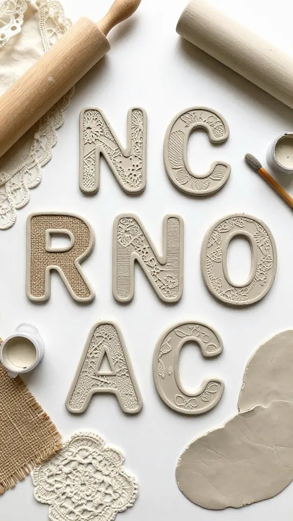 Textured Clay Letters With Fabric And Lace Imprints