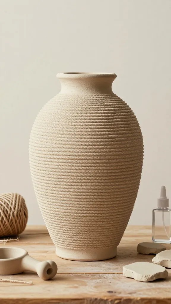 8 DIY Clay Vase Ideas for a Modern Home Look 3 Textured Rope-Wrapped Boho Clay Vase