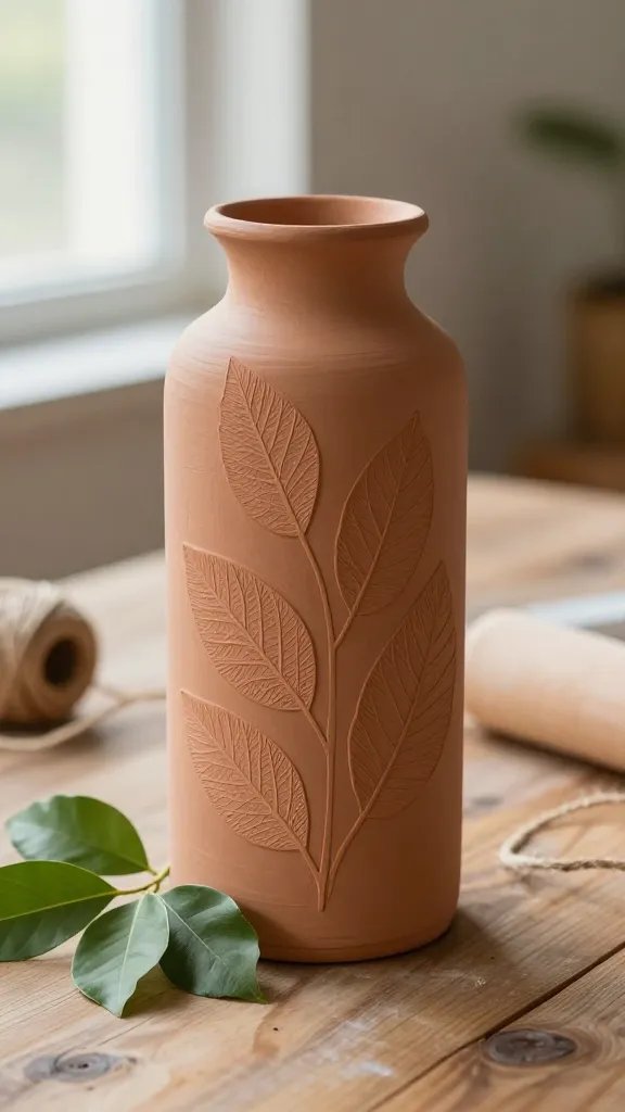 8 DIY Clay Vase Ideas for a Modern Home Look 7 Imprinted Botanical Clay Vase With Pressed Leaves