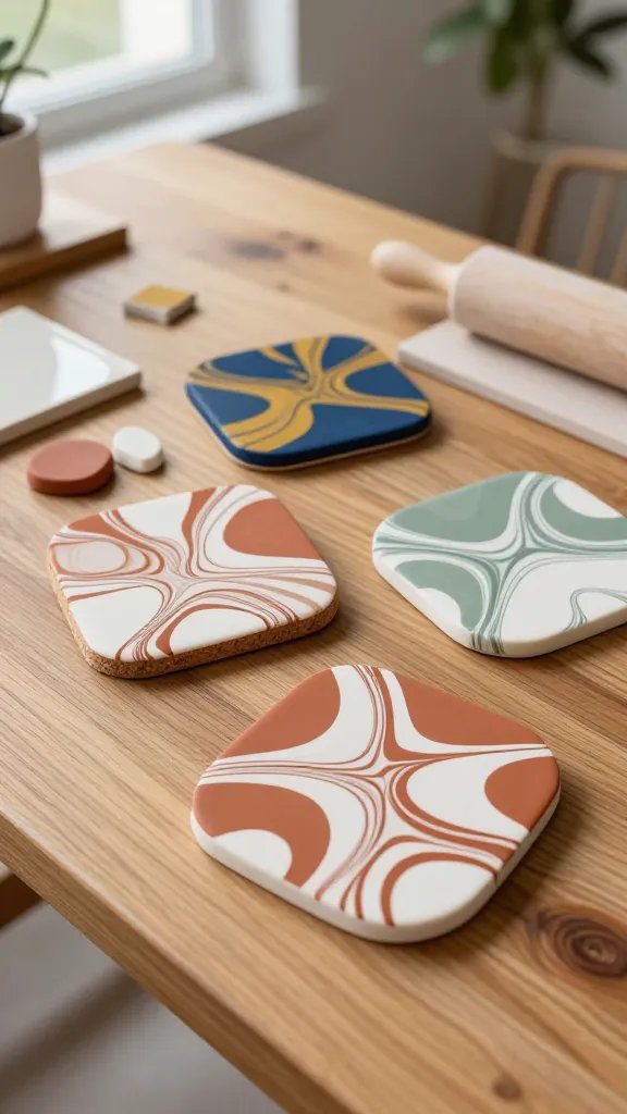 5 DIY Clay Gift Ideas That Feel Personal & Unique 4 Marbled Clay Coasters With Cork Backing