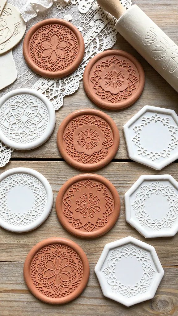18 DIY Clay Crafts Ideas: Easy Rings, Dishes, Keychains, and More 15 Textured Clay Coasters With Lace Imprints