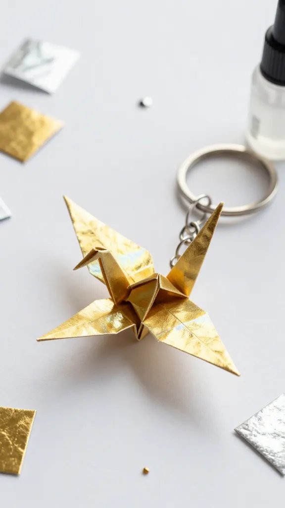 Miniature Origami Crane Keychain With Metallic Paper