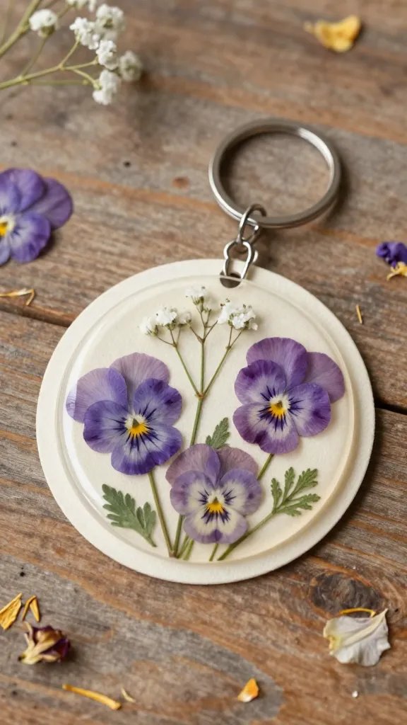 Pressed Flower Paper Circle Keychain With Resin Finish