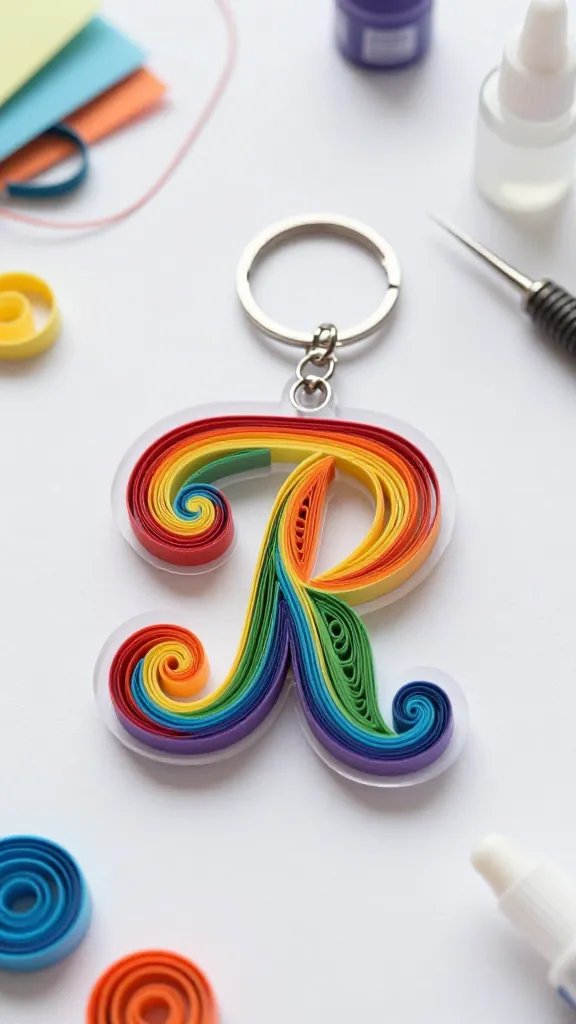 Rainbow Quilled Paper Monogram Keychain