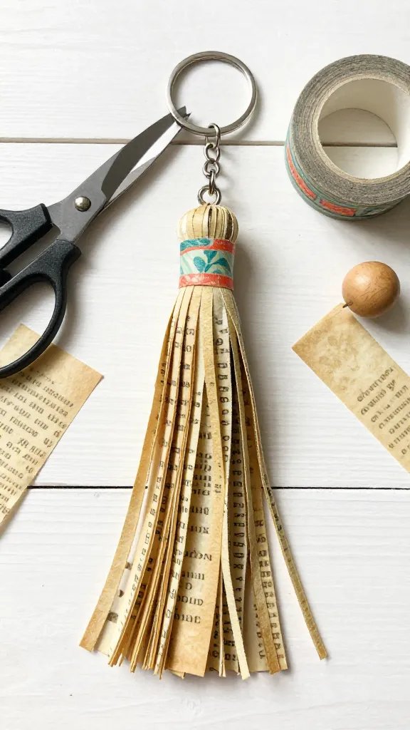 Vintage Book Page Tassel Keychain With Washi Tape Accent