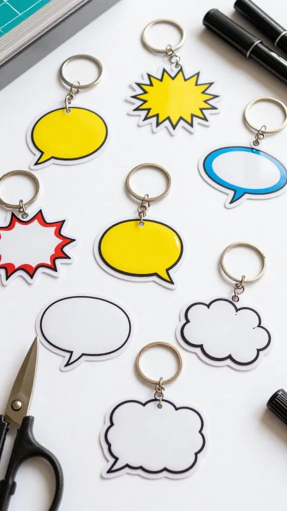 Comic Book Speech Bubble Keychain With Fun Phrases