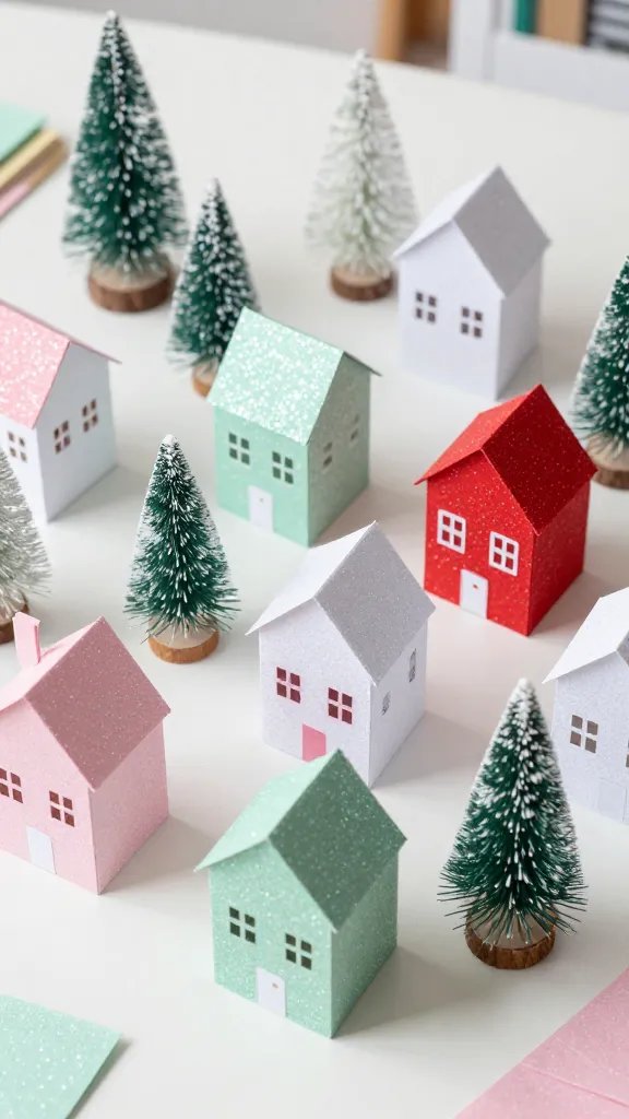 Putz-Style Glitter Village Houses With Bottle Brush Trees