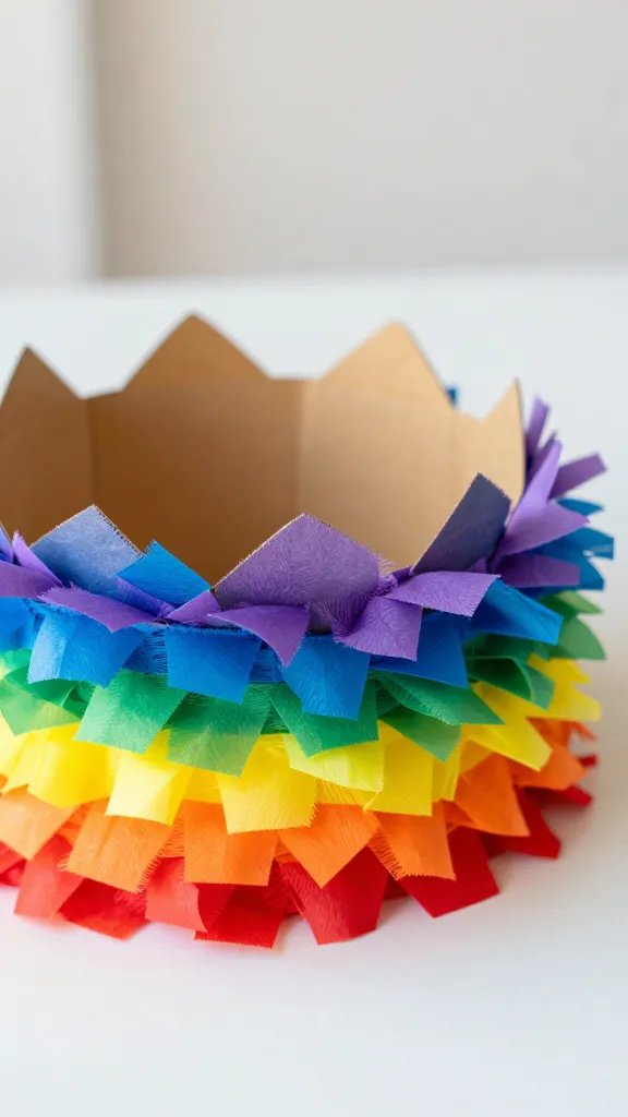 DIY Paper Crown Ideas for a Fun Creative Day 6 Rainbow Fringe Crown With Tissue Paper Layers