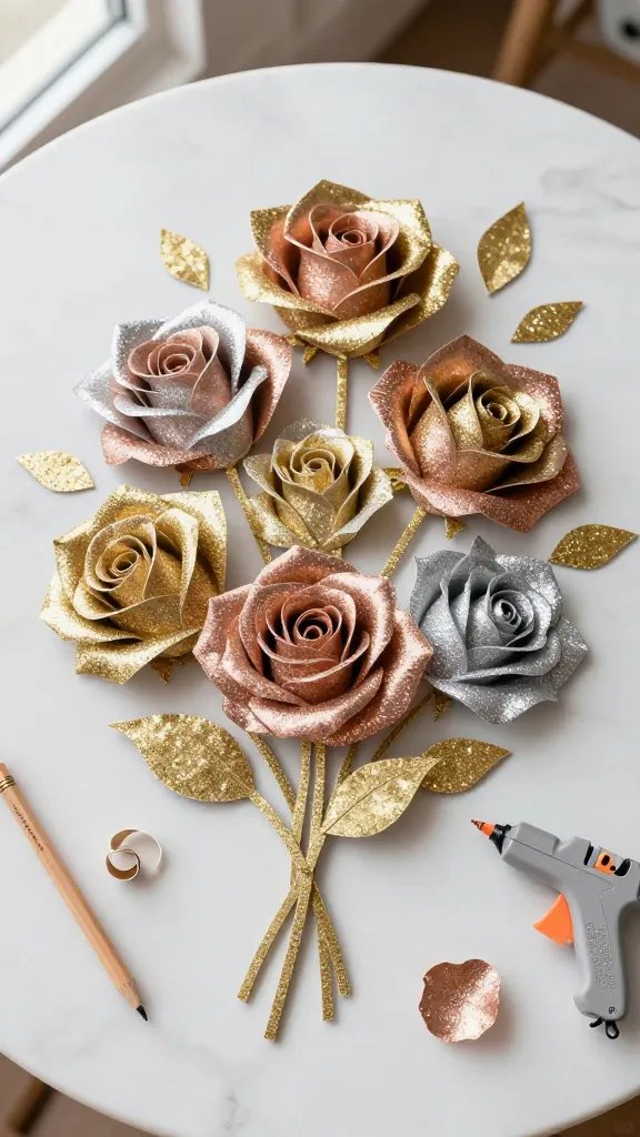 9 Simple DIY Paper Rose Ideas That Look Real 6 Glittered Cardstock Roses for Glamorous Centerpieces